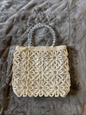 Cream Crochet Daisy Tote with Clear Beaded Handles